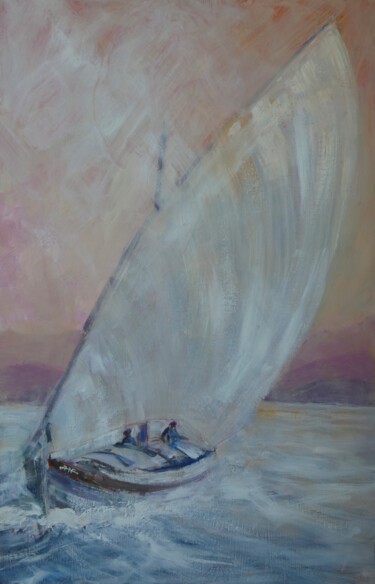 Painting titled "Barque catalane" by Philippe Jamin, Original Artwork, Oil Mounted on Wood Stretcher frame