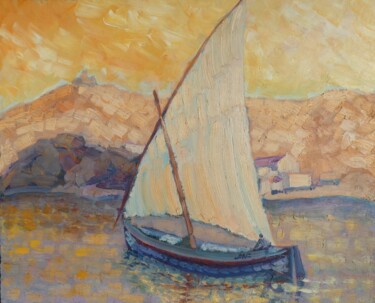 Painting titled "Barque et voile au…" by Philippe Jamin, Original Artwork, Oil Mounted on Wood Stretcher frame