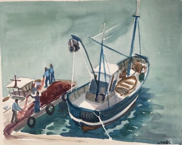 Painting titled "Le chalut à Port-Ve…" by Philippe Jamin, Original Artwork, Watercolor