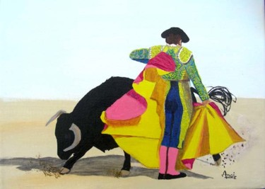 Painting titled "Corrida bleue jaune…" by Aam, Original Artwork