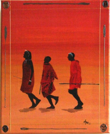 Peinture intitulée "Trois Guerriers dan…" par Aam, Œuvre d'art originale
