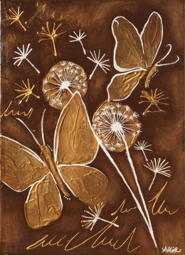 Painting titled "Golden Butterfly an…" by Angie F., Original Artwork, Acrylic Mounted on Wood Stretcher frame