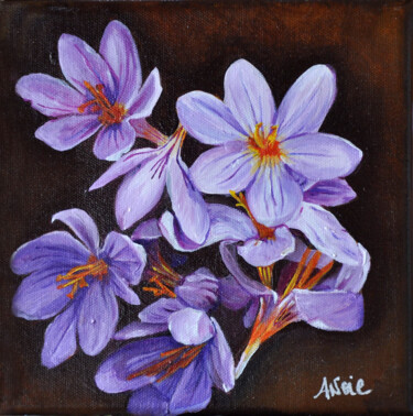 Painting titled "Bouquet de Crocus" by Angie F., Original Artwork, Acrylic Mounted on Wood Stretcher frame