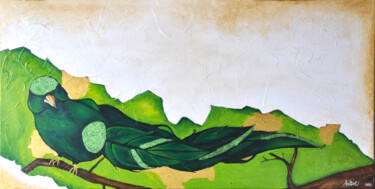 제목이 "Green Light Bird"인 미술작품 Angie F.로, 원작, 아크릴 나무 들것 프레임에 장착됨