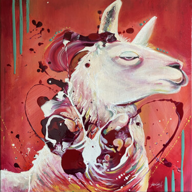 Malerei mit dem Titel "La Colère du Lama" von Angie F., Original-Kunstwerk, Acryl Auf Keilrahmen aus Holz montiert