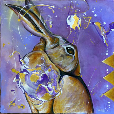 Schilderij getiteld "Lapin luxurieux" door Angie F., Origineel Kunstwerk, Acryl Gemonteerd op Frame voor houten brancard