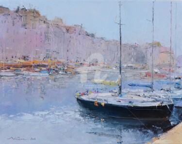 Malerei mit dem Titel "Yacht Honfleur" von Andrey Guk, Original-Kunstwerk, Öl