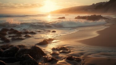 Digital Arts titled "Golden Hour Beach S…" by Angus Finlayson, Original Artwork, AI generated image
