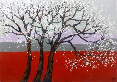 Painting titled "Spring trees landsc…" by Anh  Tuan Le, Original Artwork, Acrylic