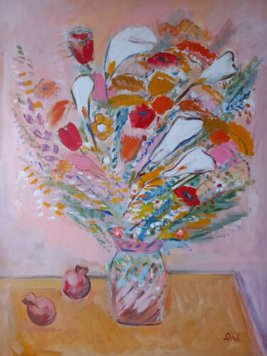 Painting titled "flowers on a pink b…" by Ani Airapetian, Original Artwork, Acrylic