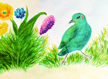 绘画 标题为“Oiseau d'azur en fl…” 由Ani Qrasel, 原创艺术品, 水彩