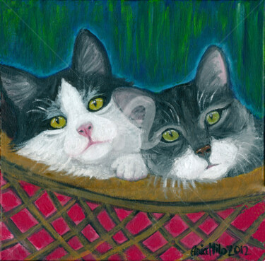 Painting titled "Kittes In a Basket" by Ania M Milo, Original Artwork, Acrylic