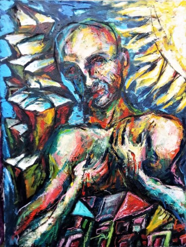 Painting titled "The wounded man" by Anikitos Giannoudes, Original Artwork, Oil