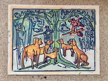 Prenten & gravures getiteld "The Vegetarian dog.…" door Bert Kooij, Origineel Kunstwerk, Linosnede
