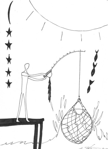Dessin intitulée "Le pêcheur" par Anik Fortin, Œuvre d'art originale, Marqueur