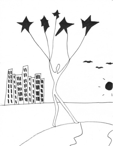 Drawing titled "Cinq étoiles sont m…" by Anik Fortin, Original Artwork, Gel pen