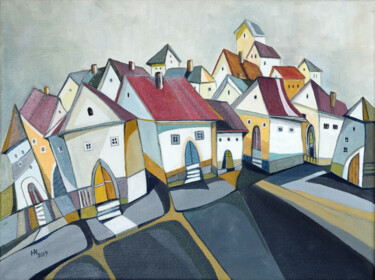 Painting titled "The placid town" by Aniko Hencz, Original Artwork, Oil Mounted on Wood Stretcher frame