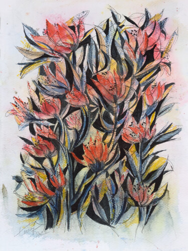 Картина под названием "Tulip Abstraction" - Aniko Hencz, Подлинное произведение искусства, Акварель
