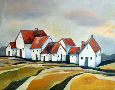 Painting titled "The smallest village" by Aniko Hencz, Original Artwork, Oil Mounted on Wood Stretcher frame