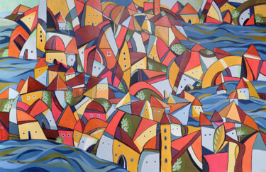 Pintura titulada "The Fishing Village" por Aniko Hencz, Obra de arte original, Acrílico