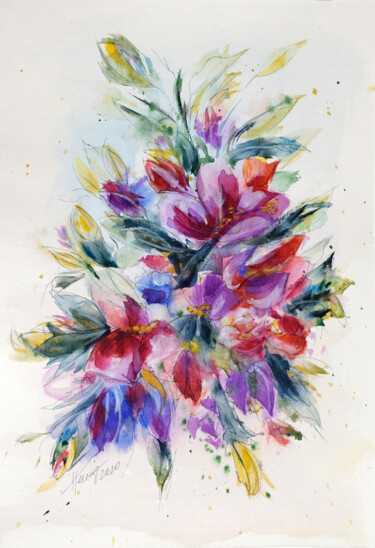 Malerei mit dem Titel "Purple flowers - Fl…" von Aniko Hencz, Original-Kunstwerk, Aquarell