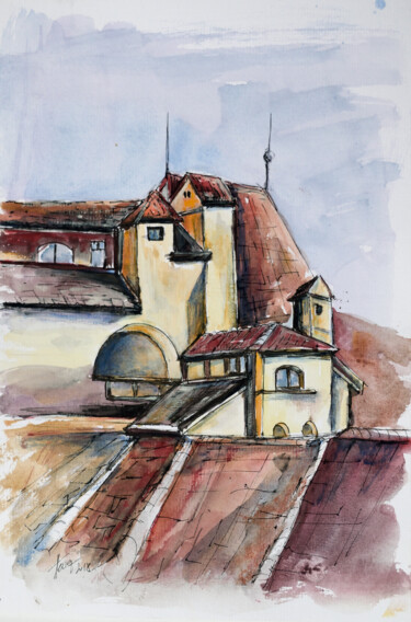 Pintura intitulada "Roofs in the old to…" por Aniko Hencz, Obras de arte originais, Aquarela