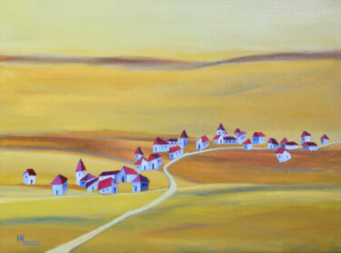 Painting titled "Village on Golden F…" by Aniko Hencz, Original Artwork, Oil Mounted on Wood Stretcher frame
