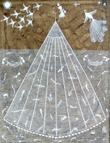 Schilderij getiteld "Fish Net" door Anil Chaitya Vangad, Origineel Kunstwerk, Aquarel