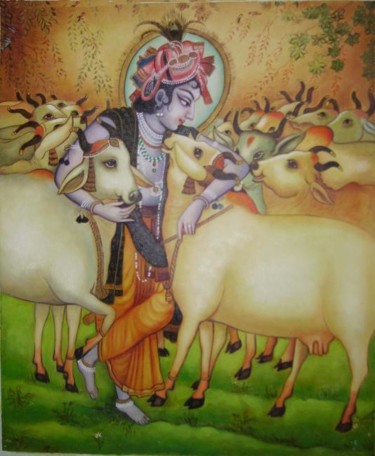 Painting titled "Krishna with cows" by Anil Das, Original Artwork