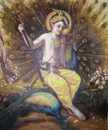 Painting titled "Krishna with Peacock" by Anil Das, Original Artwork