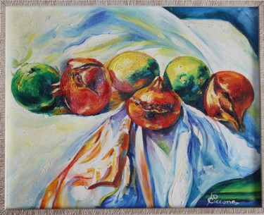 Painting titled "Still life with fru…" by Anila Dekovelli Ciccone, Original Artwork, Oil Mounted on Wood Panel