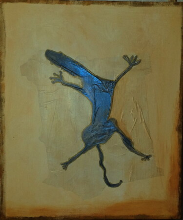 Painting titled "The Blue Lizard" by Anima E Mela, Original Artwork, Acrylic Mounted on Wood Stretcher frame