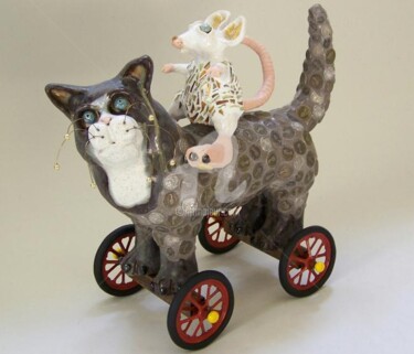 Sculpture titled "Ratz-N-Katz Cat Scu…" by Suzanne Noll, Original Artwork, Ceramics