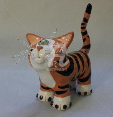 Sculpture titled "Tiger Striped Cat S…" by Suzanne Noll, Original Artwork, Ceramics