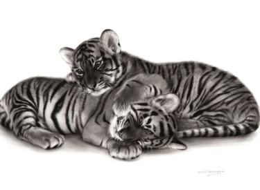 Malerei mit dem Titel "Tiger Cubs" von Danguole Serstinskaja, Original-Kunstwerk, Öl
