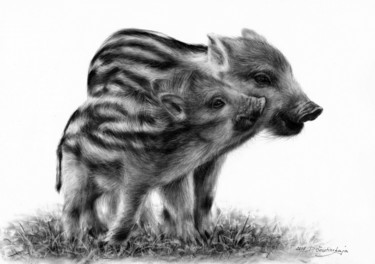 Картина под названием "Wild Boar Piglets" - Danguole Serstinskaja, Подлинное произведение искусства, Масло