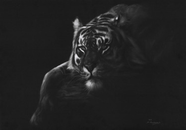 Painting titled "Tiger In The Darkne…" by Danguole Serstinskaja, Original Artwork, Oil