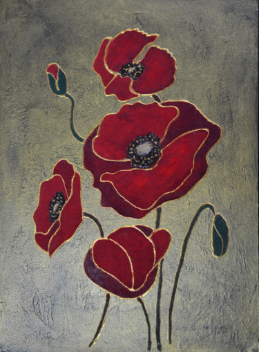 Schilderij getiteld "Velvet Poppies" door Danguole Serstinskaja, Origineel Kunstwerk, Collages