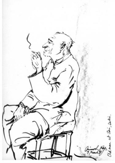 Drawing titled "Oldman, Siri" by Animesh Roy, Original Artwork, Ink