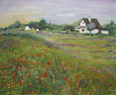 Painting titled "Poppies & Old House" by Animesh Roy, Original Artwork