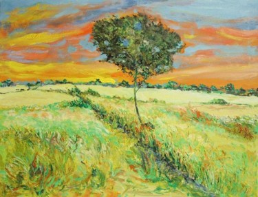 Painting titled "Sunset Noida Fields" by Animesh Roy, Original Artwork