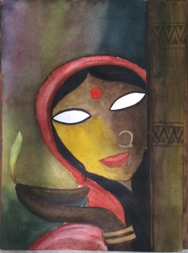 Painting titled "VILLAGE BRIDE WITH…" by Anirban Naskar, Original Artwork, Watercolor