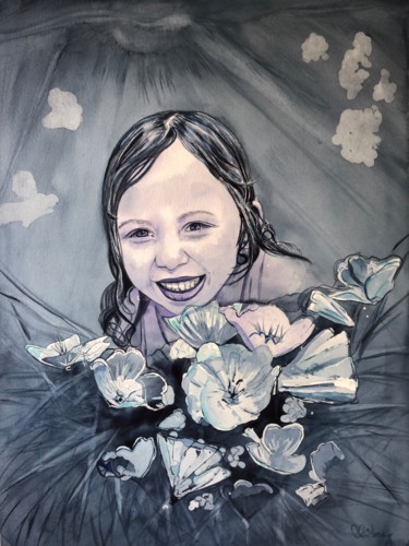 Painting titled "Enfant indigo" by Anirbas, Original Artwork, Watercolor Mounted on Wood Panel
