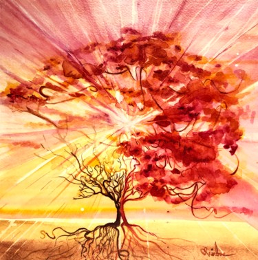 Pintura titulada "L’arbre éthérique" por Anirbas, Obra de arte original, Acuarela Montado en Panel de madera