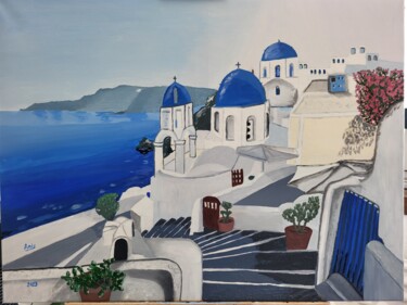 Painting titled "Santoblu" by Anis Mabrouk, Original Artwork, Oil Mounted on Wood Stretcher frame