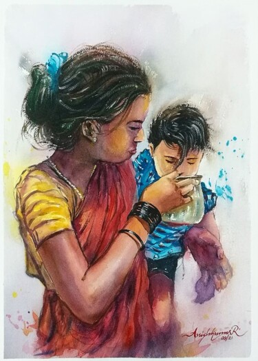 Картина под названием "Mom and Baby" - Anishkumar R Anjumoorthy, Подлинное произведение искусства, Акварель