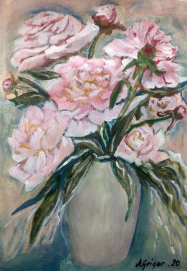 Painting titled "Peonies" by Anisia Grigor, Original Artwork, Oil