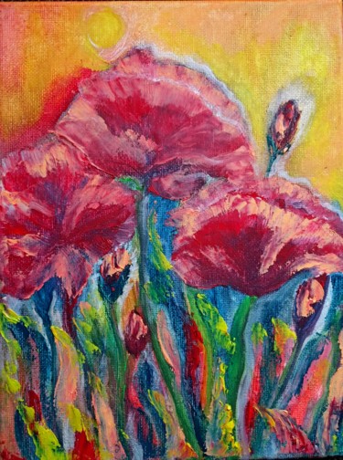 Painting titled "Morning with Poppies" by Anisia Grigor, Original Artwork, Oil