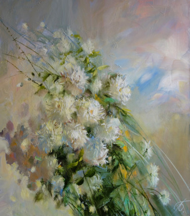 Картина под названием "Chrysanthemum" - Galina Anisimova, Подлинное произведение искусства, Масло Установлен на Деревянная р…