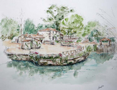 Disegno intitolato "Le village du Puy d…" da Anita Baud, Opera d'arte originale, Acquarello